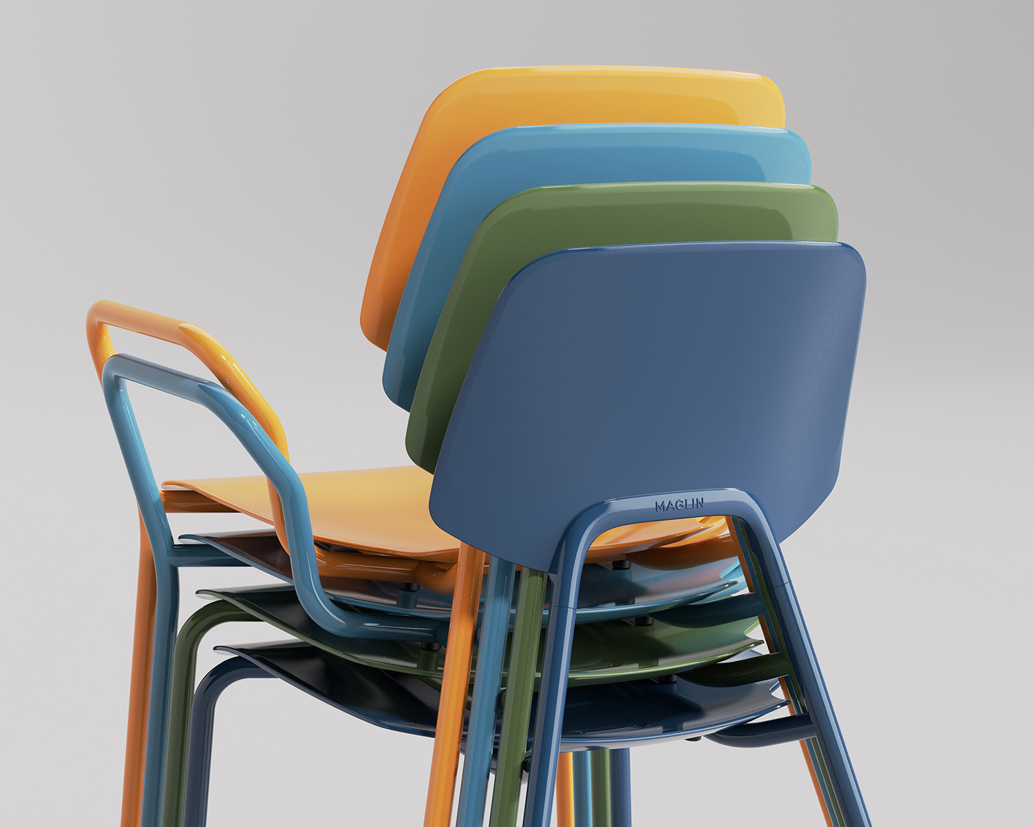 Stacked blue, green and yellow chairs