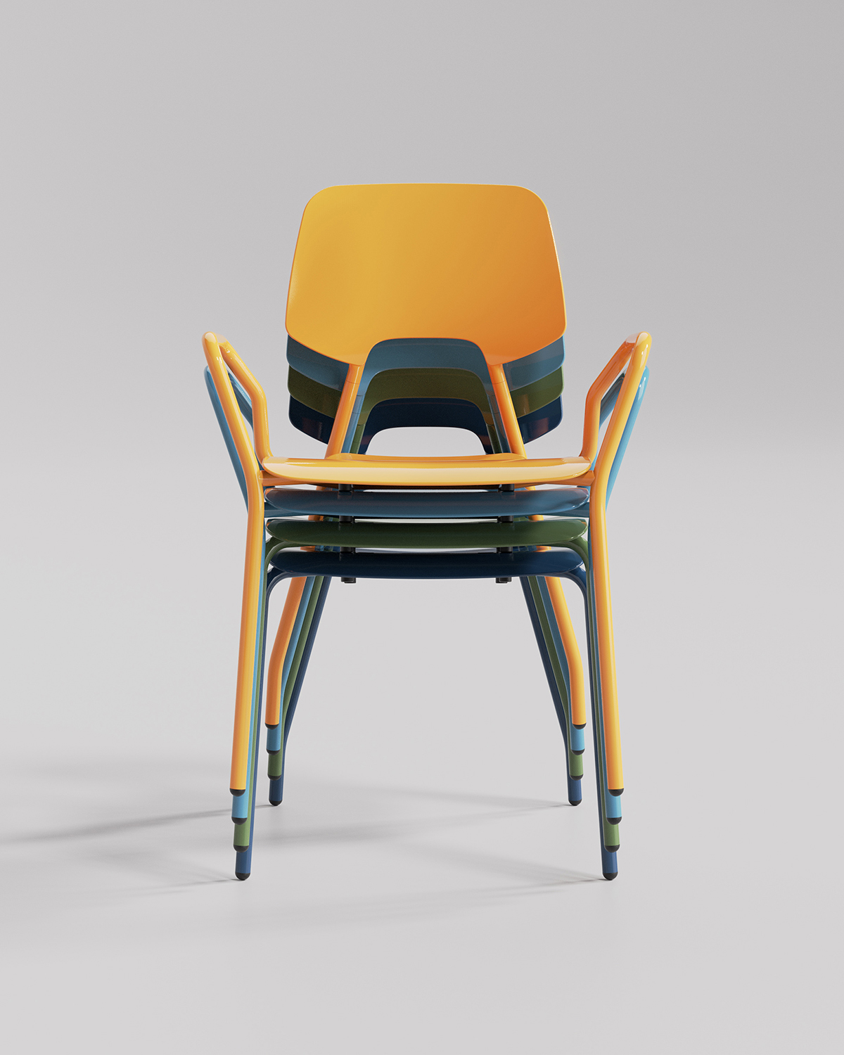 Stacked blue, green and yellow chairs