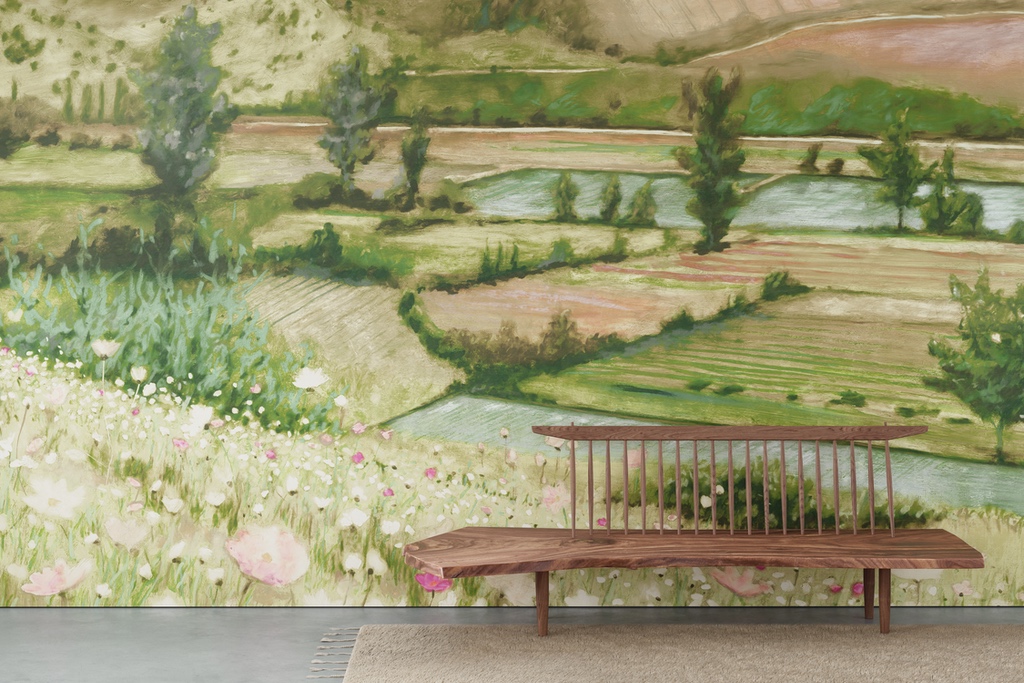 A modern cottagecore wall covering design depicting a rural field.