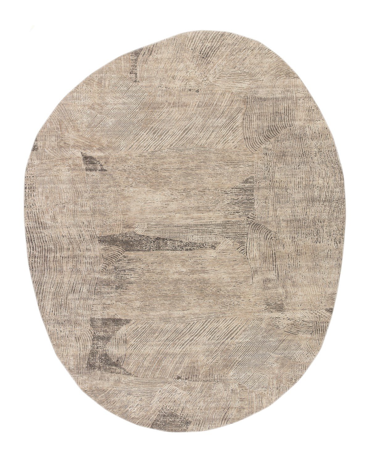 A modern cottagecore rug that looks like a large grey pebble, based on aerial photos of earth.