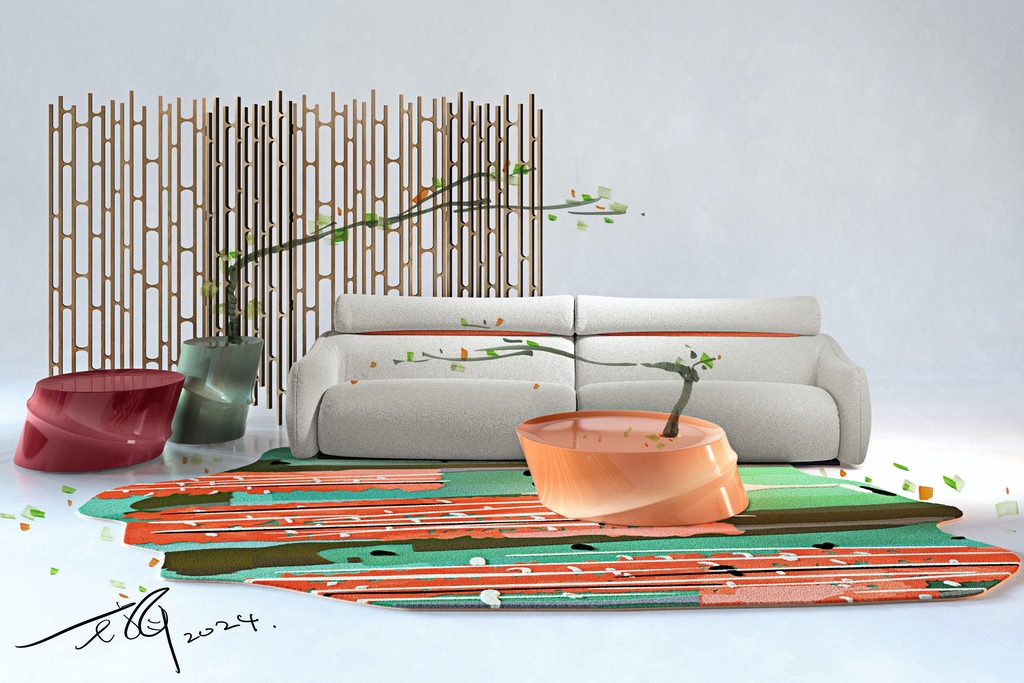 The Bamboo collection for Roche Bobois by designer Jiang Qiong Er featuring a cylindrical red side table, a similar peach-coloured coffee table, a screen that looks like Bamboo stalks, a bulbous grey sofa and a colourful rug.