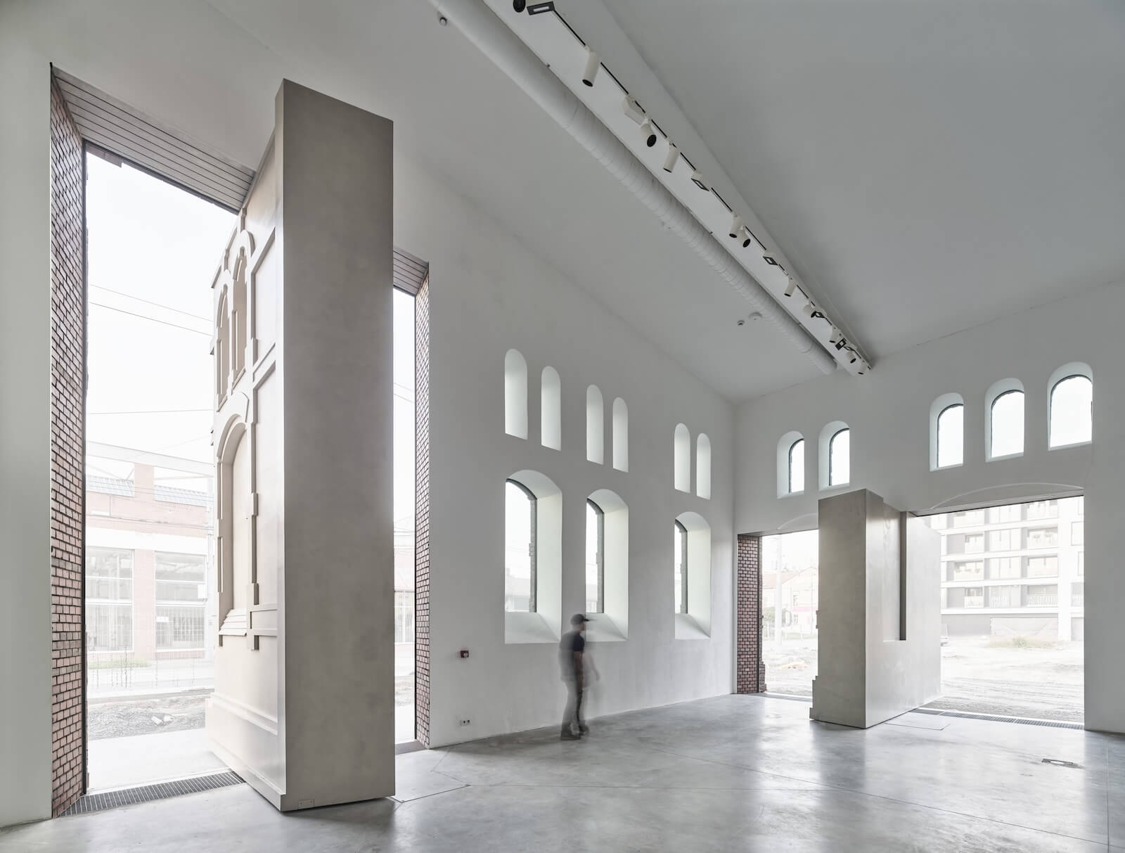 Inside the Plato Gallery, you can see to outdoors from massive moving walls.