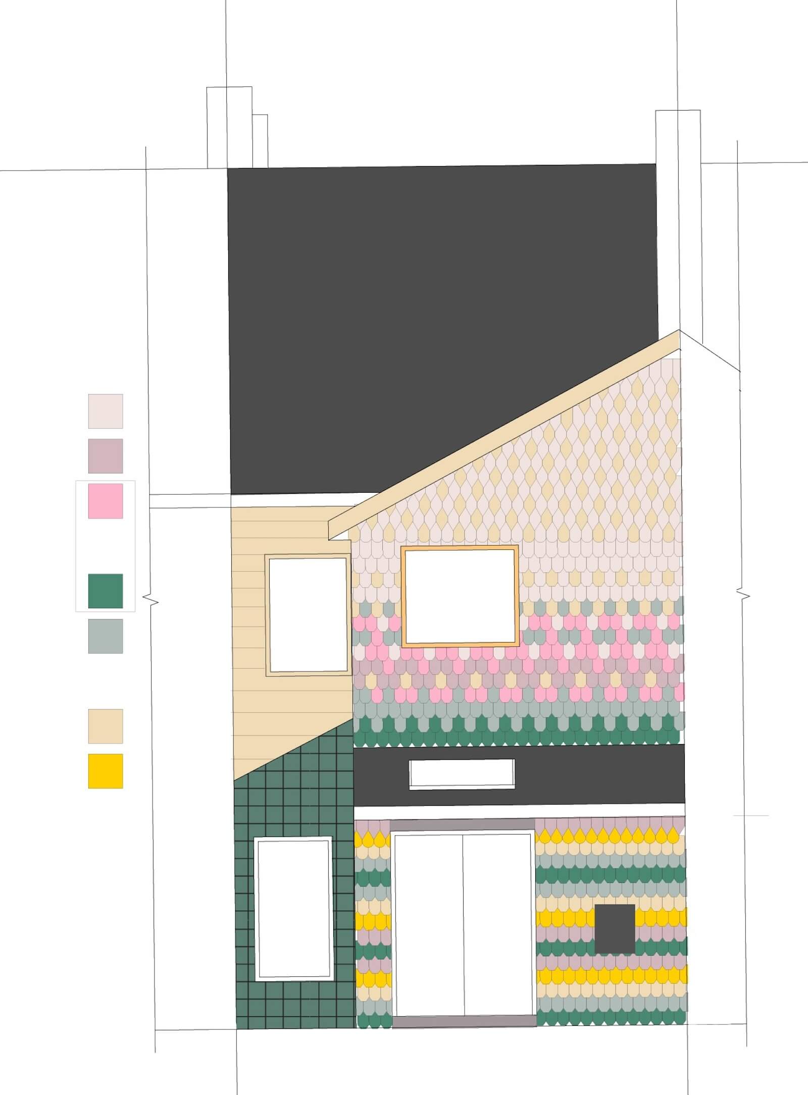The home's rear was designed according to the number of variously shaped shingles available at a local Home Hardware, which were then painted vivid hues.