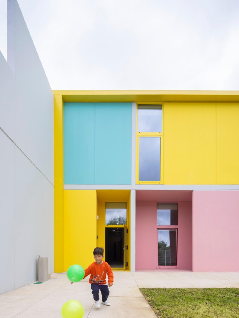 The colourful facade of Portuguese architecture firm Summary's kindergartens in Lisbon show a new approach to prefab architecture