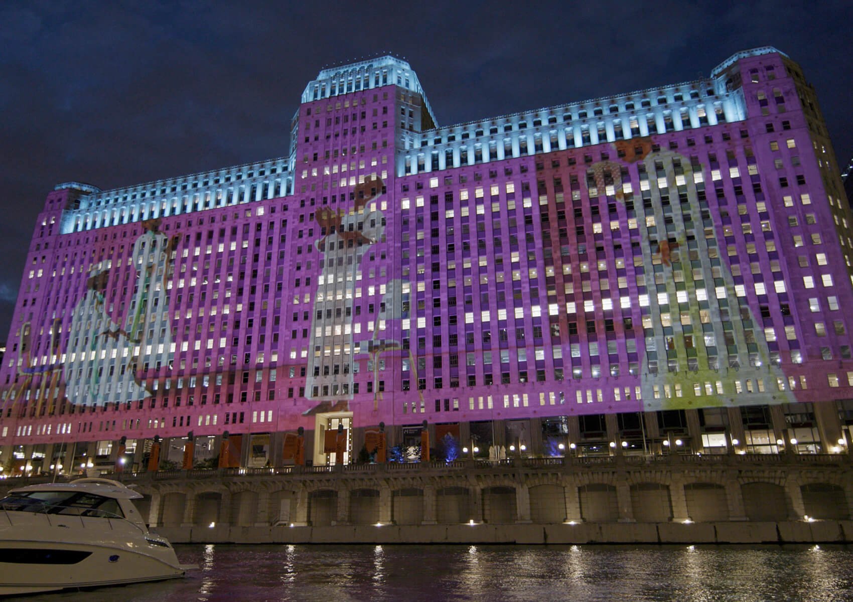 Art on the Mart projection by Yinka Ilori at NeoCon 2024