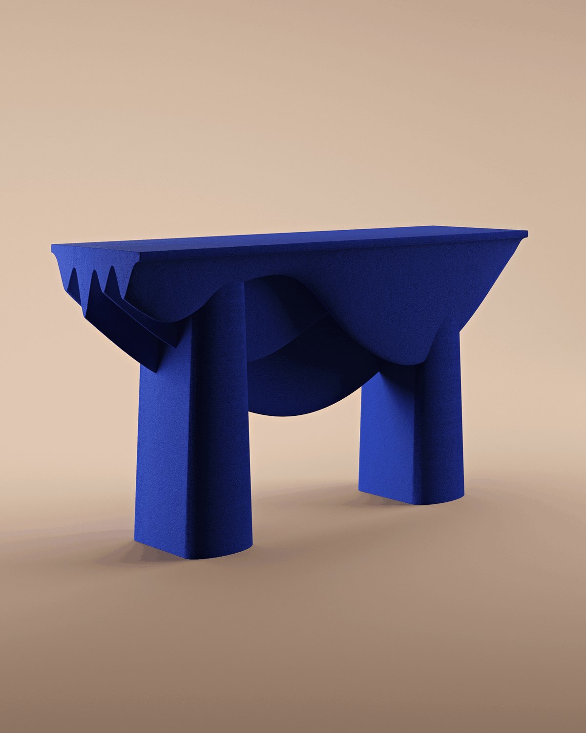 the vivid cobalt-blue console is printed as a hollow structure and finished by hand to retain a rugged texture