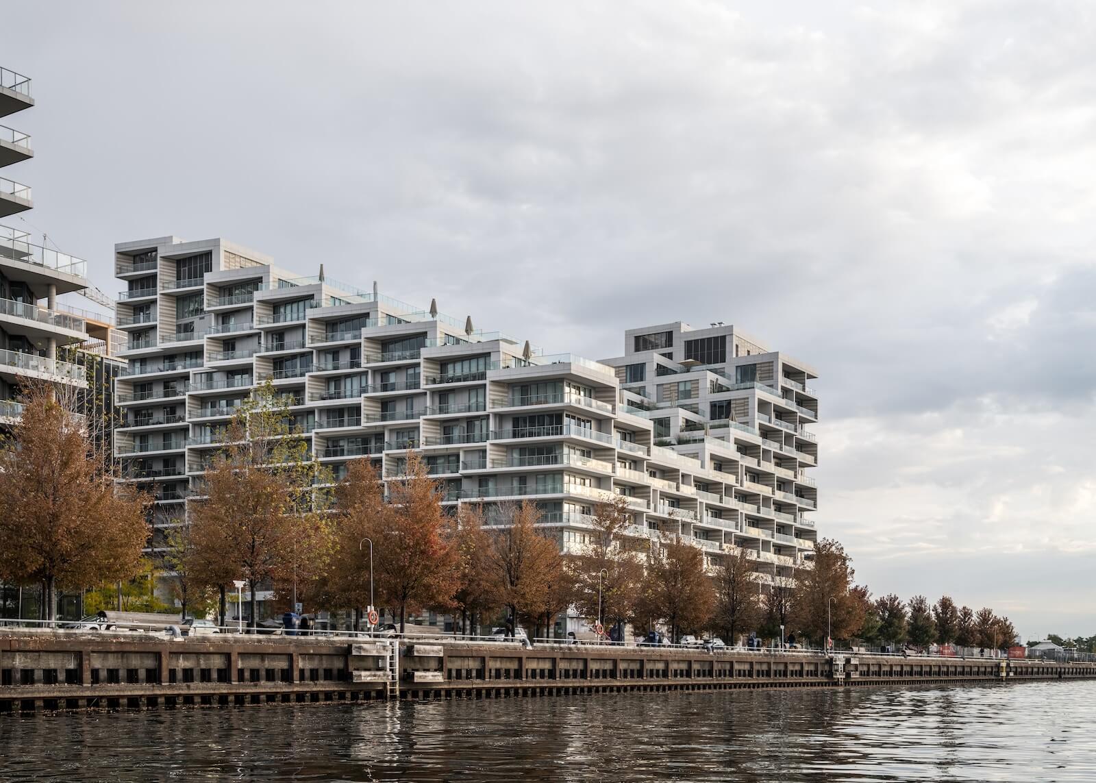 East Bayfront Toronto's Aquabella against the lake