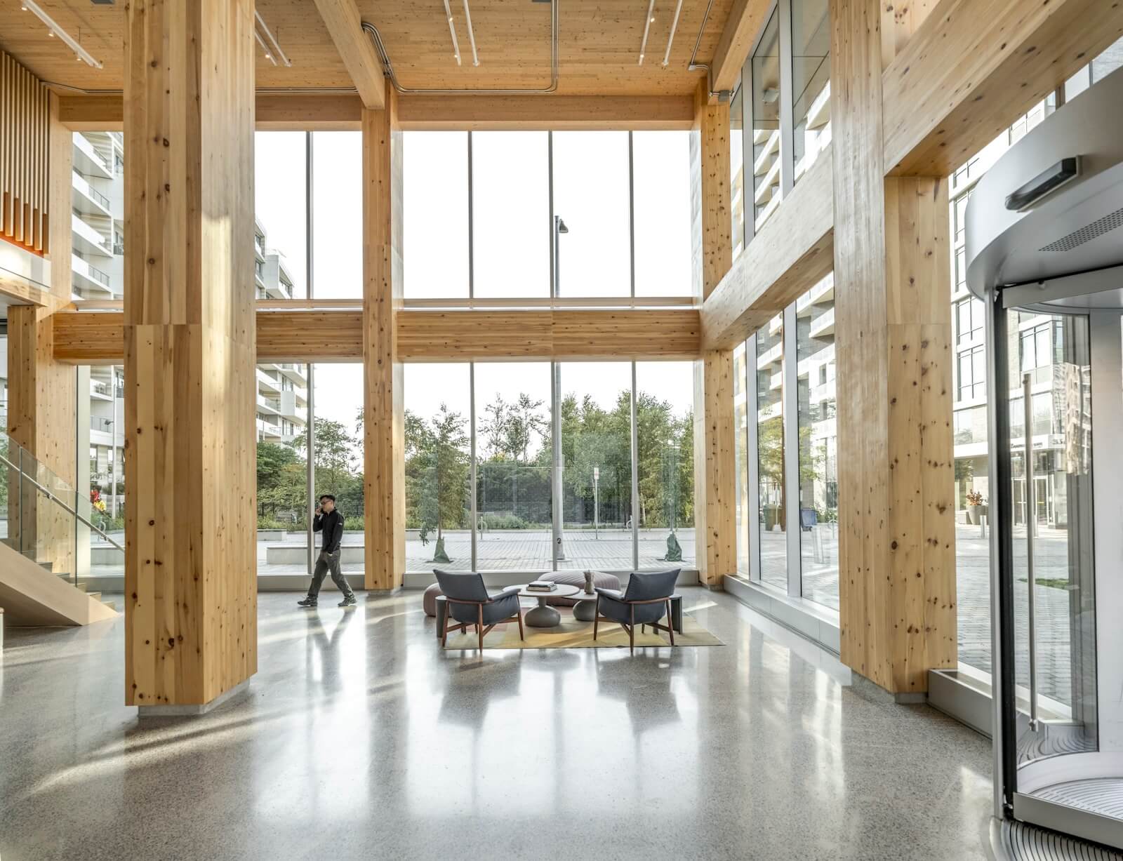 The lobby of T3 at East Bayfront Toronto
