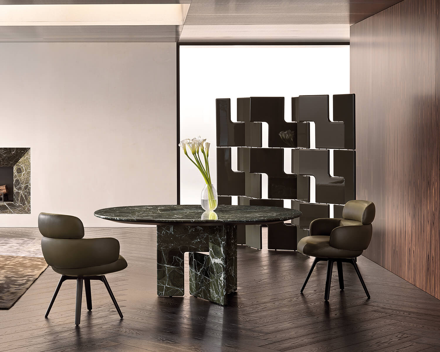 The Nico table and Janis screen by Hannes Peer for Minotti both explore interlocking jigsaw-like forms.