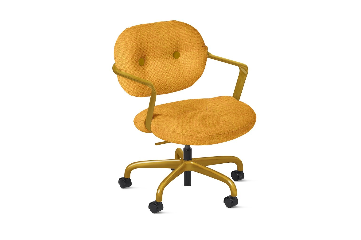 A colourful desk chair by Knoll featuring yellow backrest and seat cushions and a curving yellow aluminum frame.