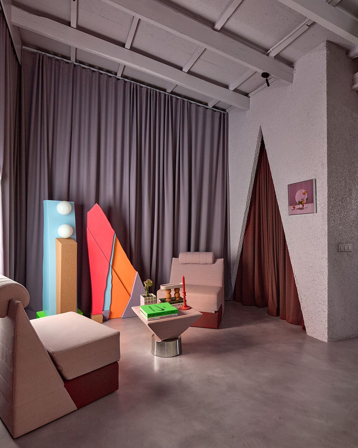Seating area with geometric furniture
