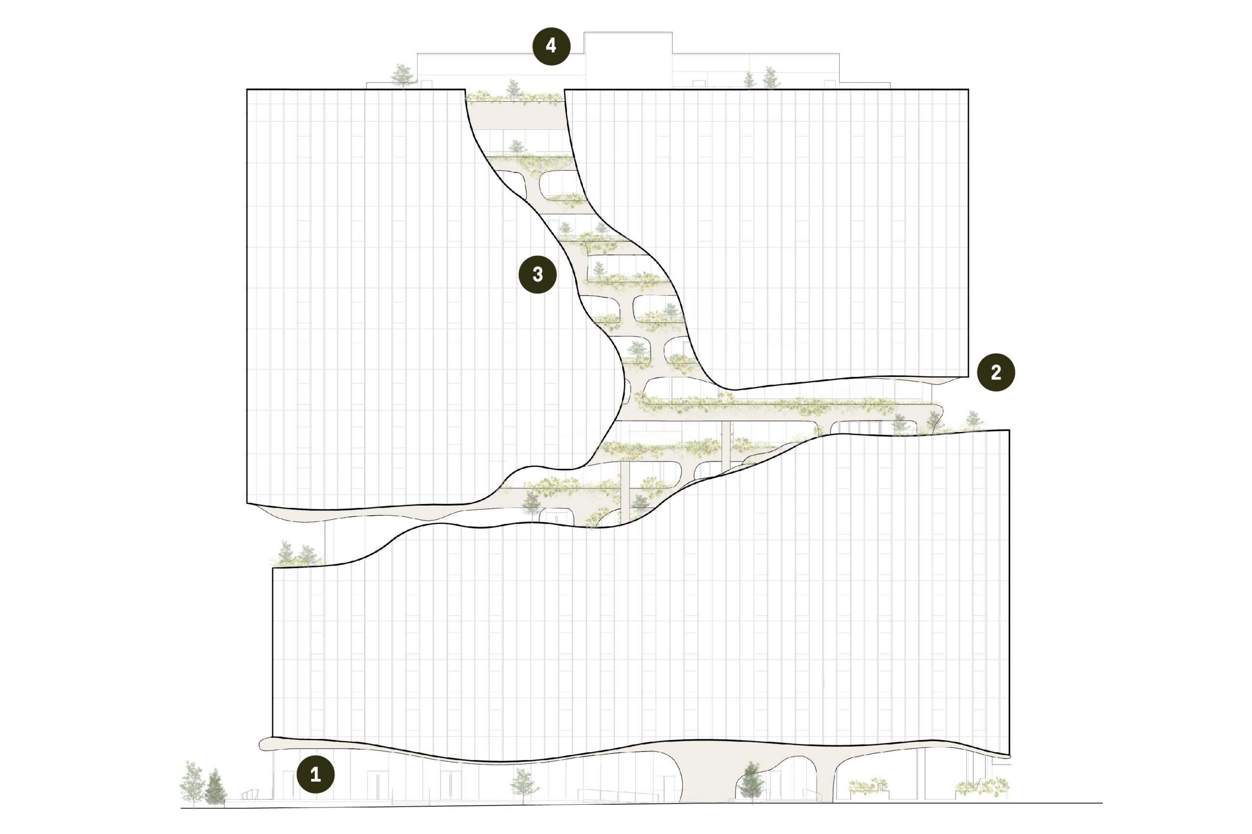 An illustration of One River North, labeled with 4 numbers to indicate the different levels of the building's landscaped trail.