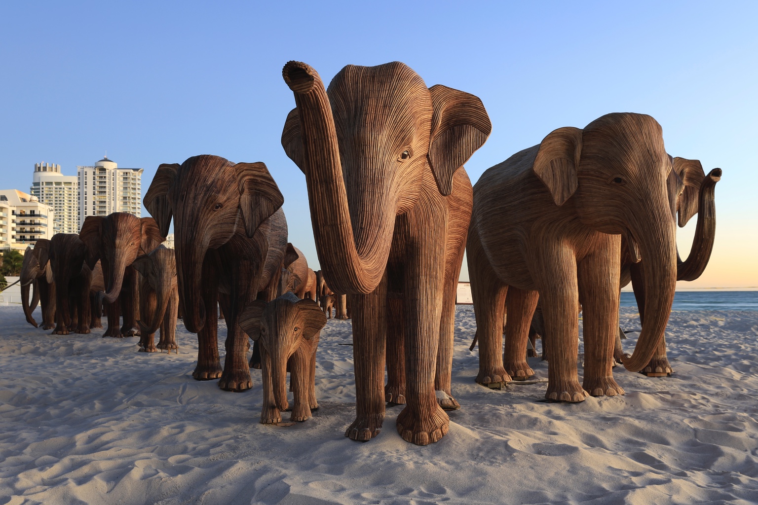 A series of life-sized elephant sculptures on the beach — one of the best designs of Design Miami and Alcova Miami 2024.