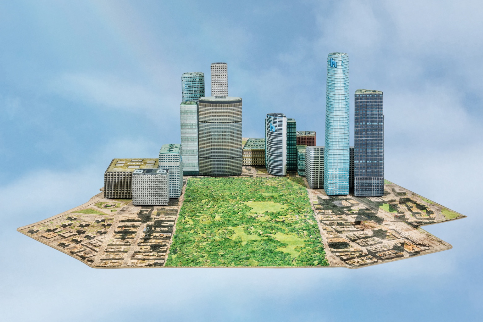 A rug that resembles an aerial view of Central Park with a series of skyscraper-shaped pillows extending up from it.