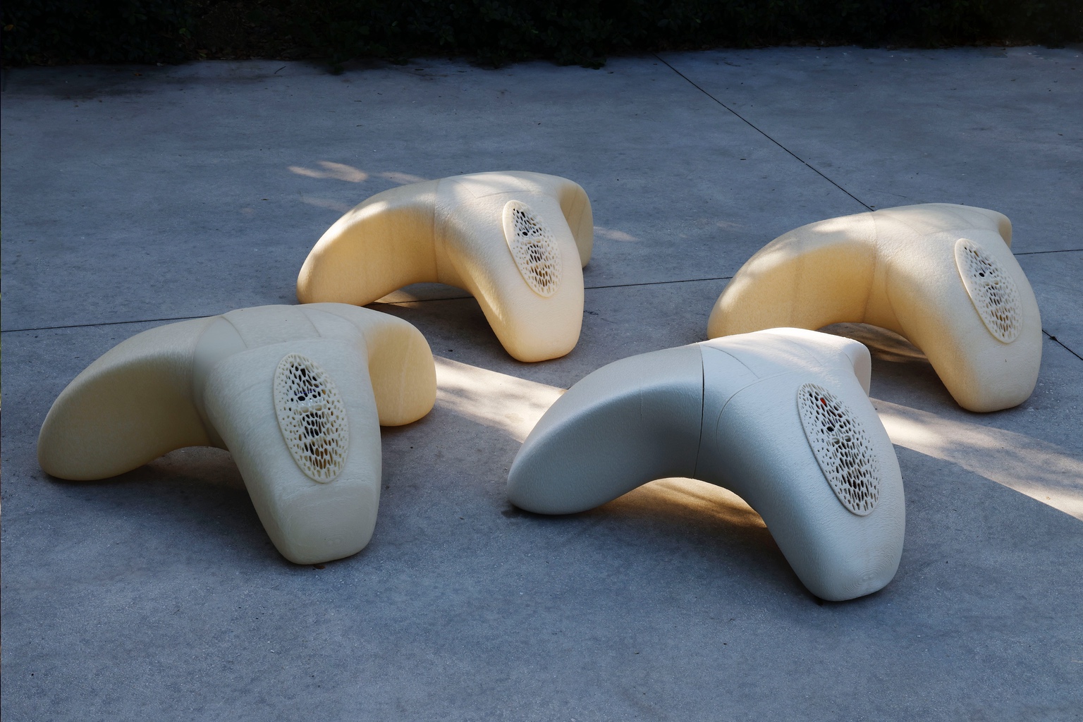 A series of biomaterials stools designed by Crafting Plastics modelled after Lexus headrests.