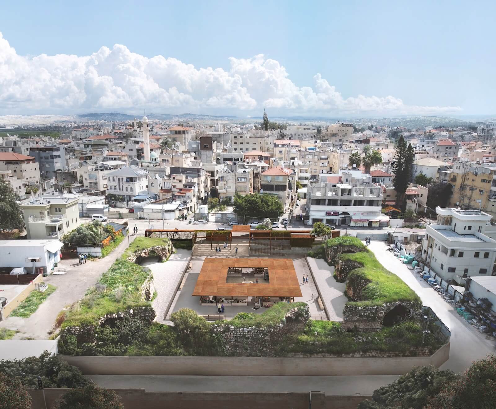 Architect Elias Khuri revived the inner courtyard and semi-ruined eastern section of the Khan of Jaljulia, built between 1312 and 1340. The new structure employs an abstract grid of columns, recovered from the original volumes, that invokes the colonnaded courtyards of Arab mosques.