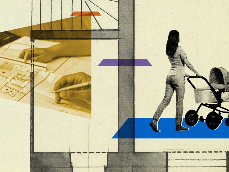 Illustration showing a mother pushing a stroller overlaid overtop architectural drawinga