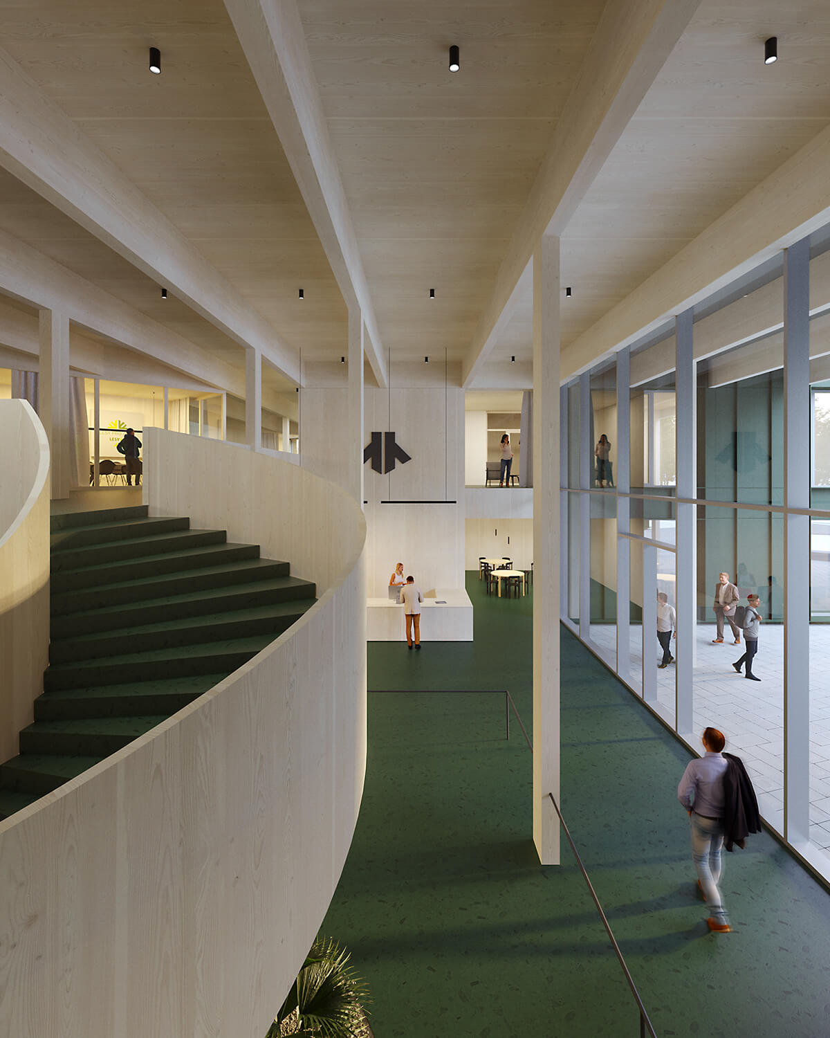 Office interior with spiral staircase and courtyard