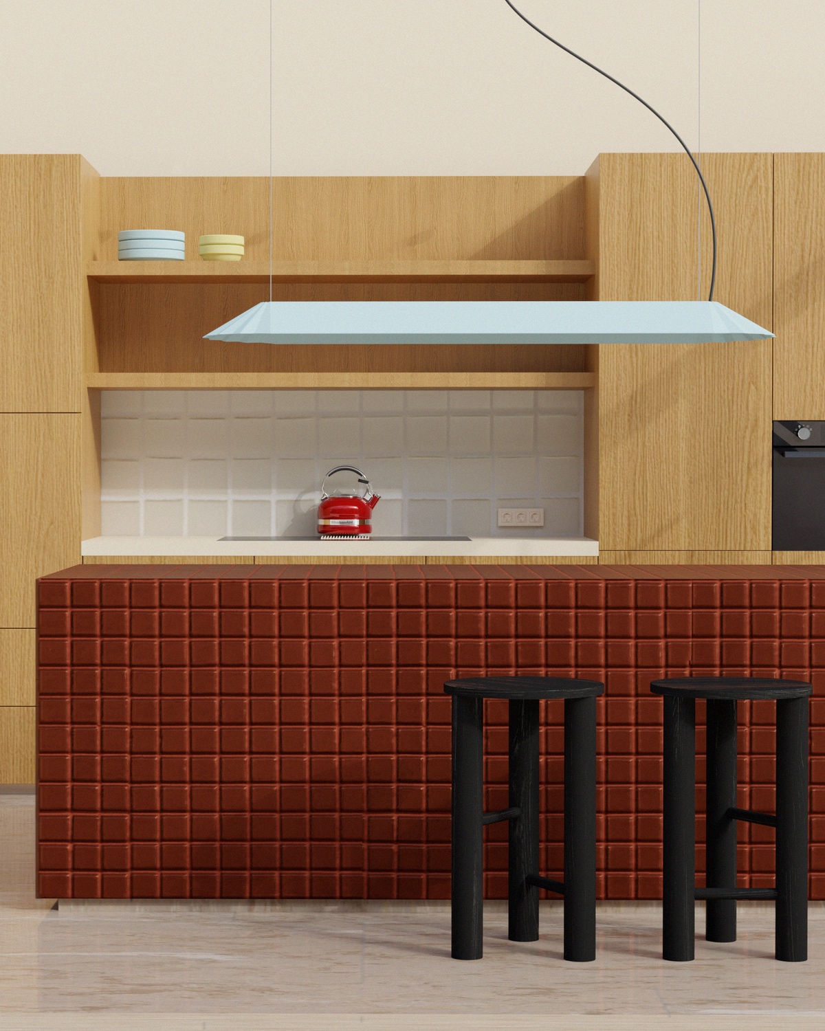 A lampshade with crinkled ends hangs above a tiled island inside of a kitchen setting.