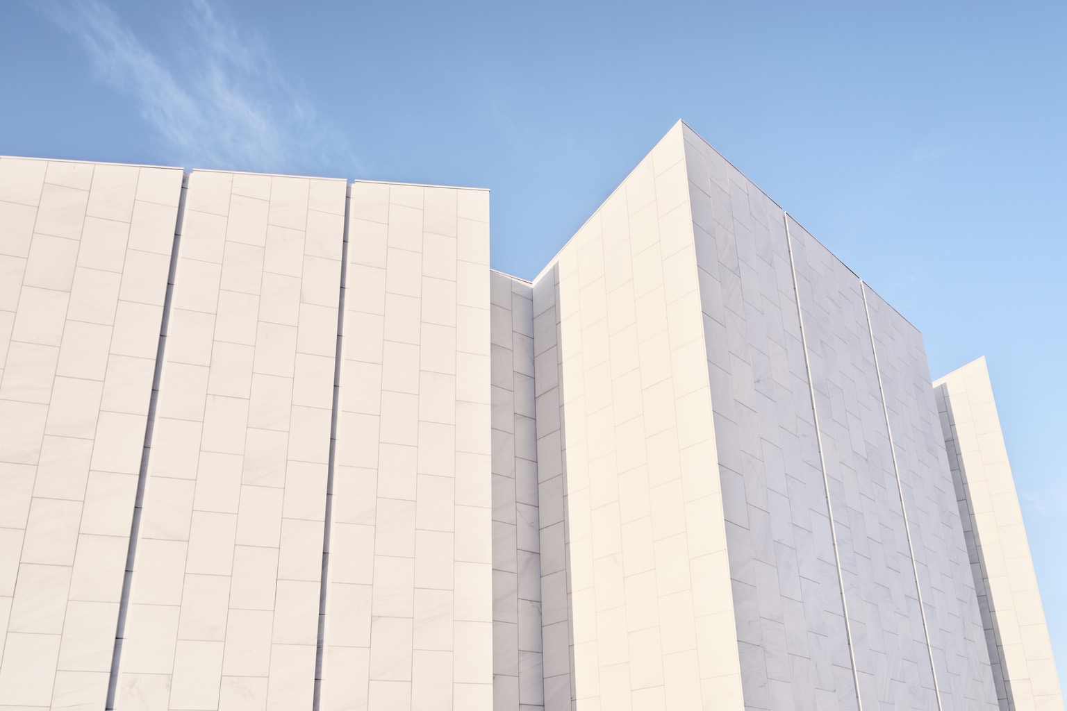 A close-up of the Carrara marble facade of Helsinki's Finlandia Hall designed by Alvar Aalto.