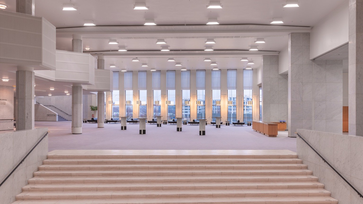 A view of the grand staircase at the entrance of Helsinki's recently restored Finlandia Hall.
