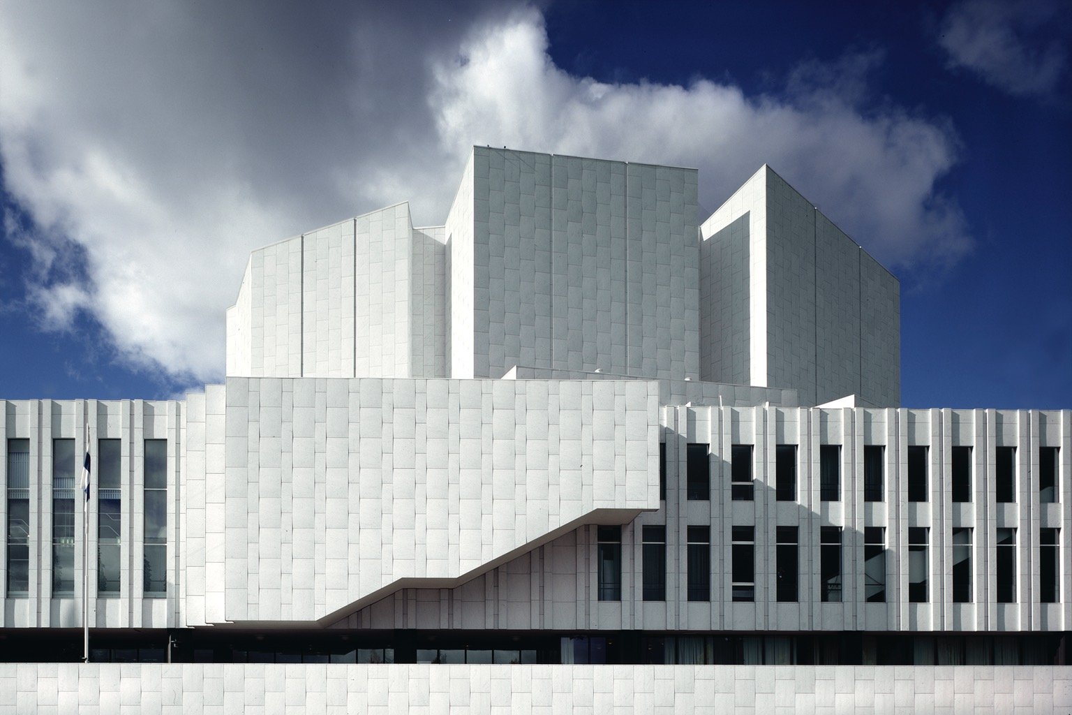 An archival photo of Finlandia Hall's Carrara marble facade.
