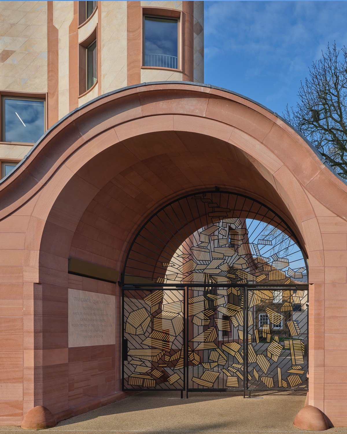 The decorative gate at Gradel Quadrangles.