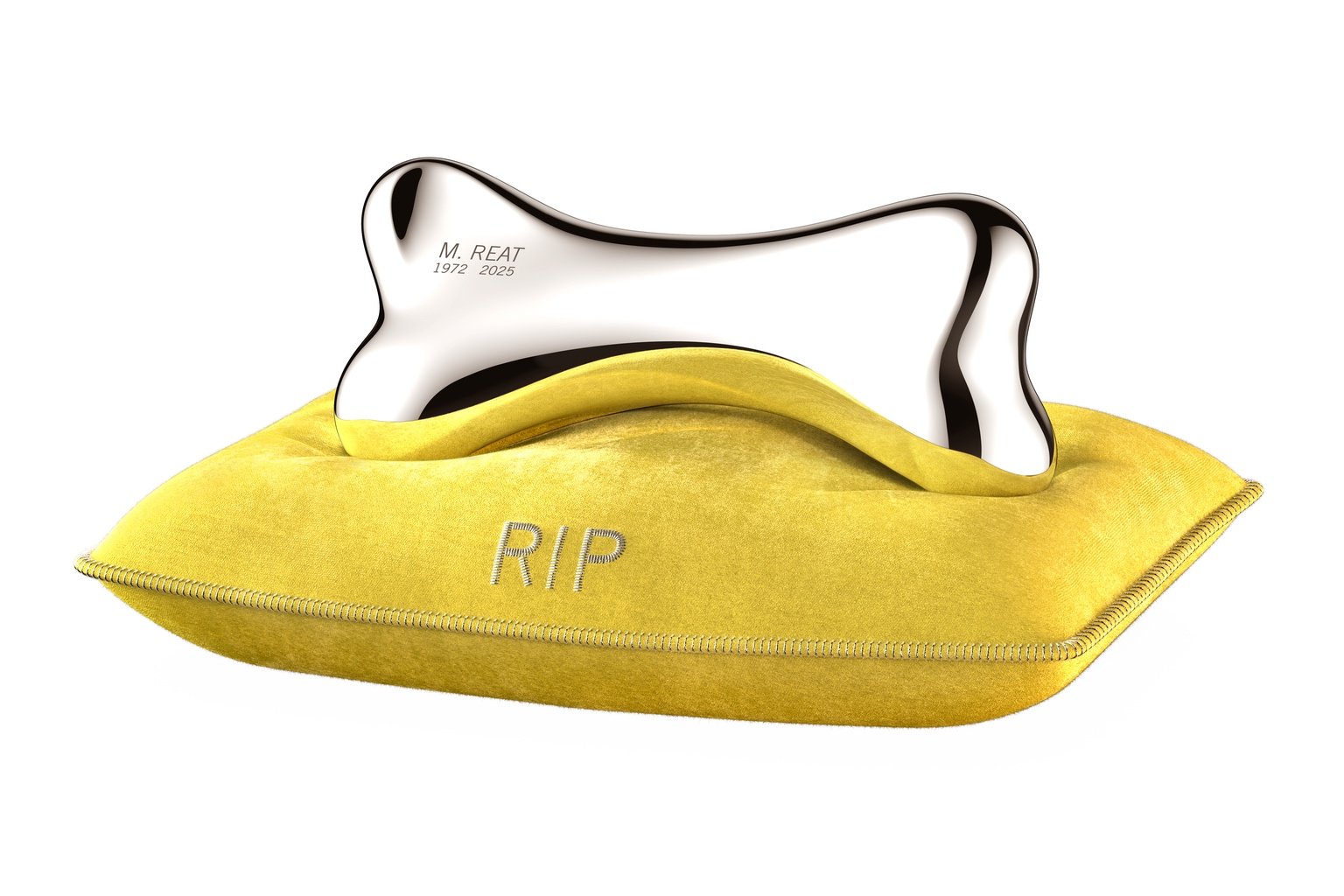 A metallic bone resting on a dog bed-like cushion, one of the urns featured in a design typology exhibition by Alessi.