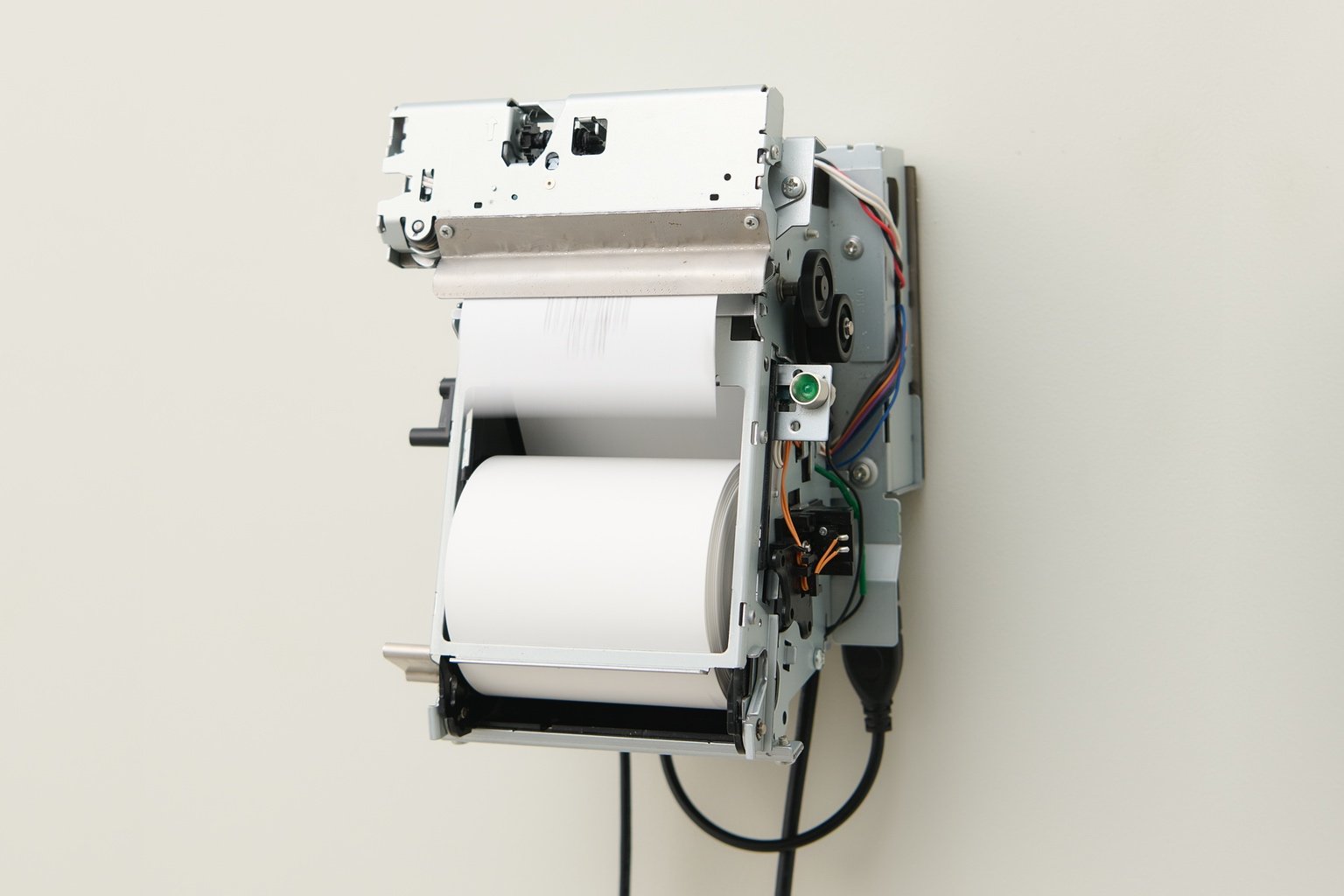 A device that prints out a time-stamped receipt each minute designed by Jamie Wolfond as part of a design typology exhibition held during Milan Design Week 2025.