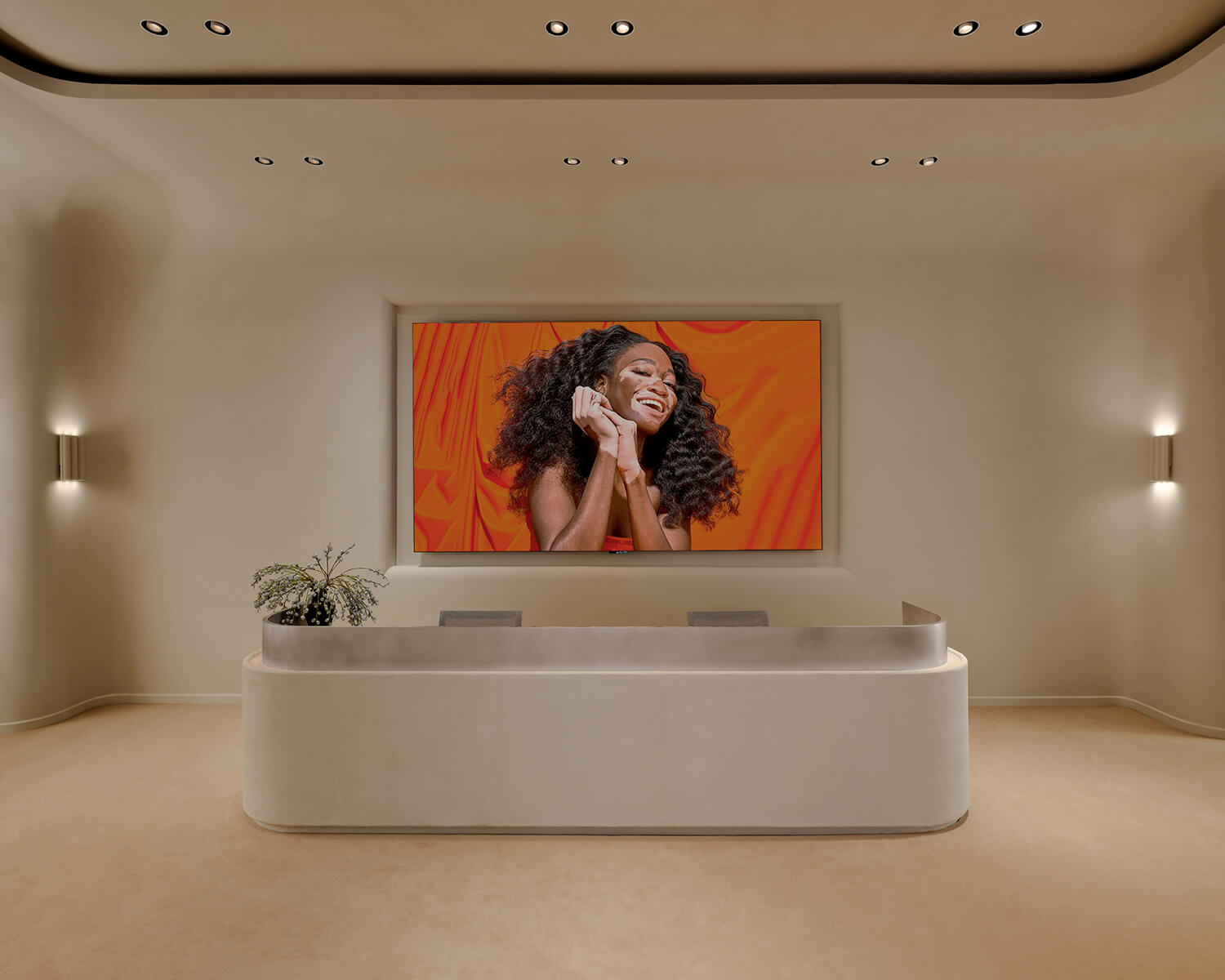 Reception desk at amika HQ in Brooklyn, designed by CIVILIAN