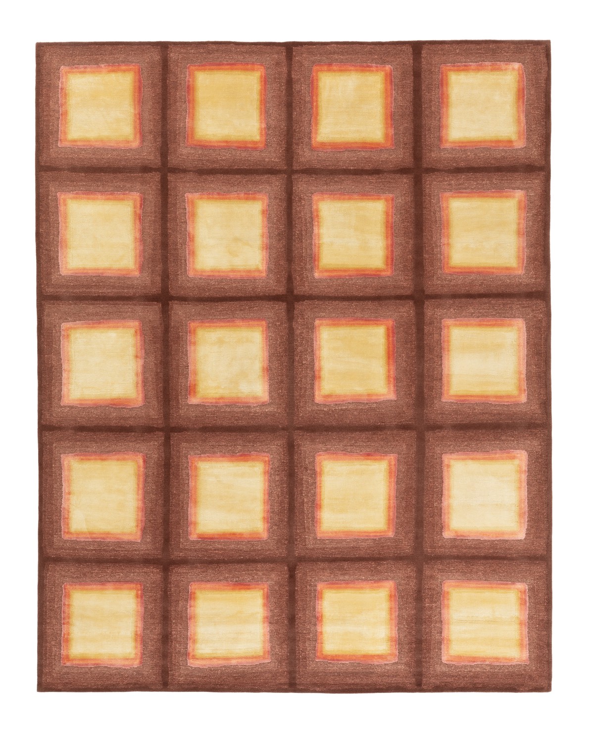 A brown and orange rug with a geometric grid pattern. One of the modern brown furniture launches from Salone del Mobile 2025.