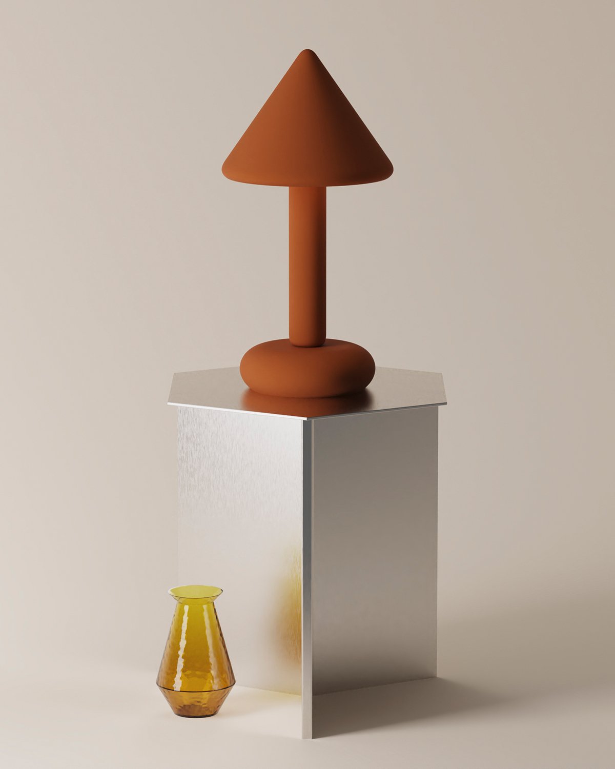 Dimly lit room with red table light on a side table