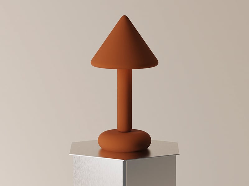 Brown table light with triangular top on hexagonal table