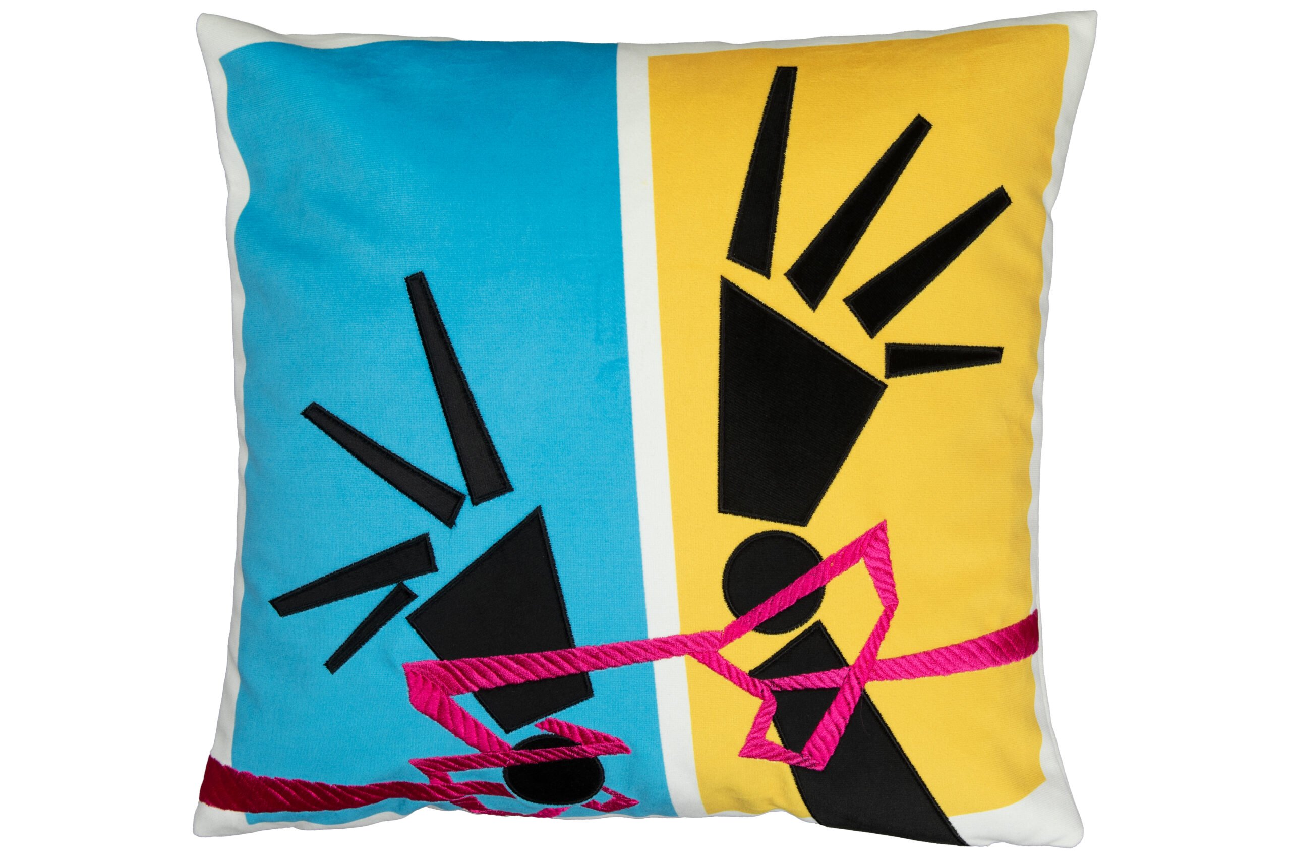 One throw pillow coloured blue on the left and yellow on the right with tied hands silhouette