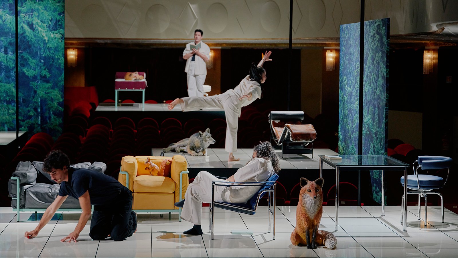 Cassina furniture and Formafantasma’s three-act installation at Milan Design Week 2025, Staging Modernity, with dancers and a fox