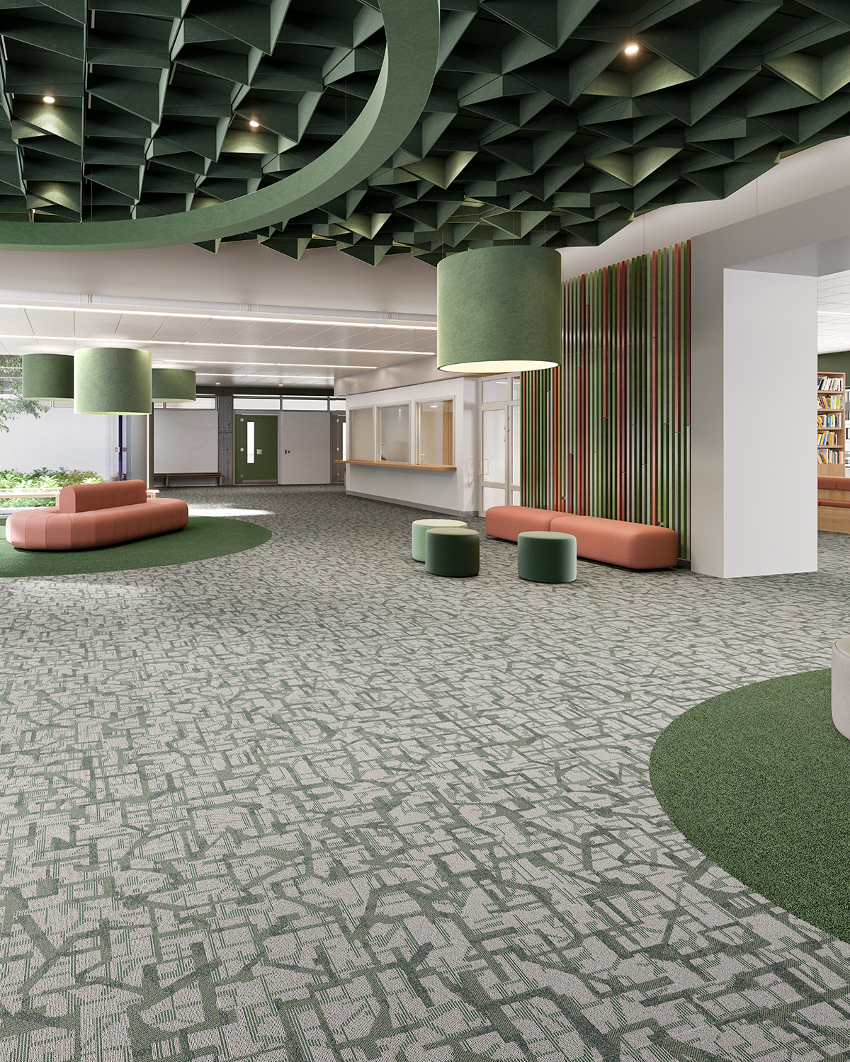 Victory Mineral Chip flooring by Tarkett with a green pattern and green and dusty rose seating