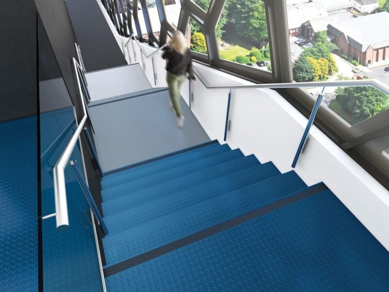 Blue ABMARATHON flooring on a staircase