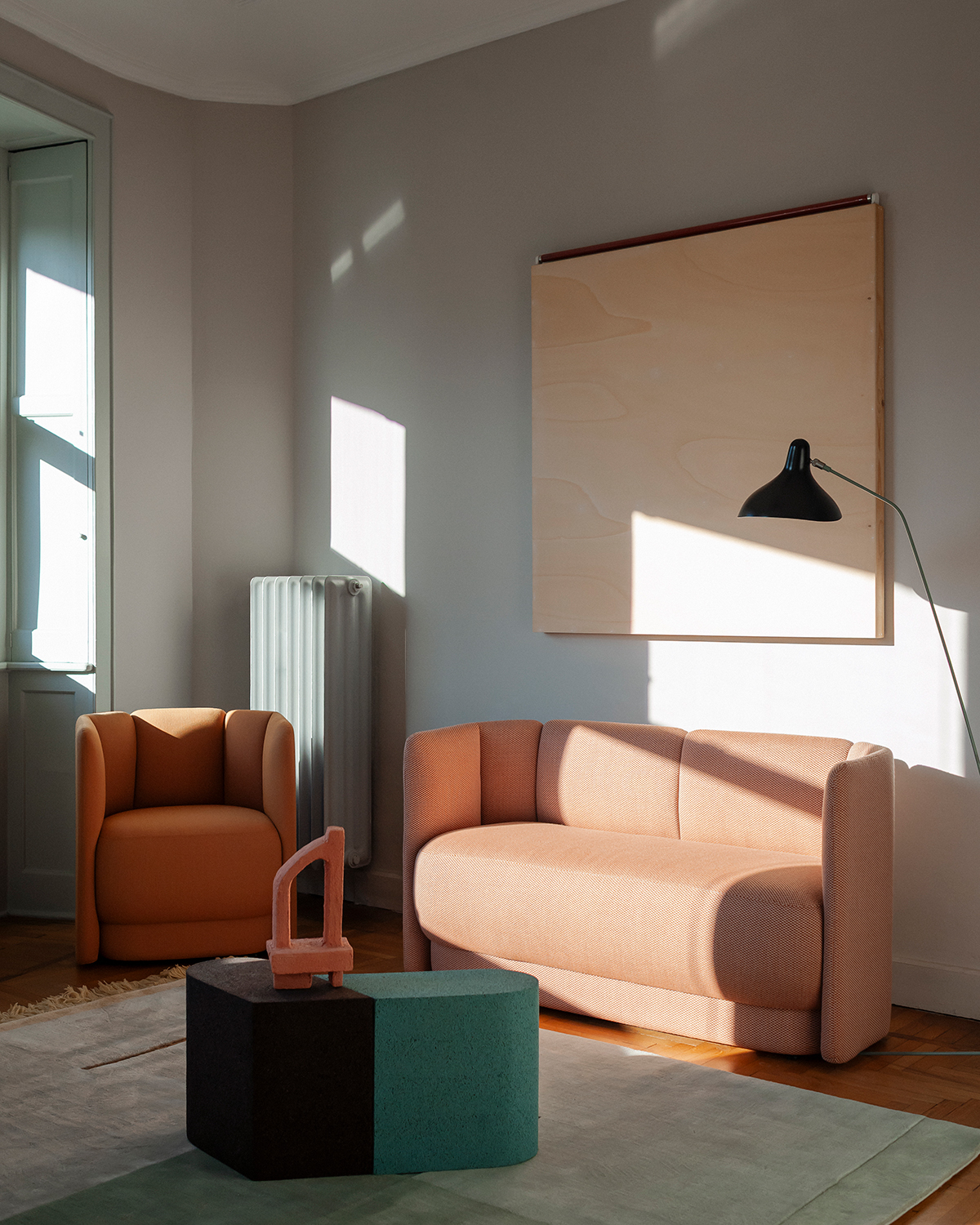 The Velia collection designed by Marco Zito for Bross includes a small sofa, cockpit armchair and pouffe