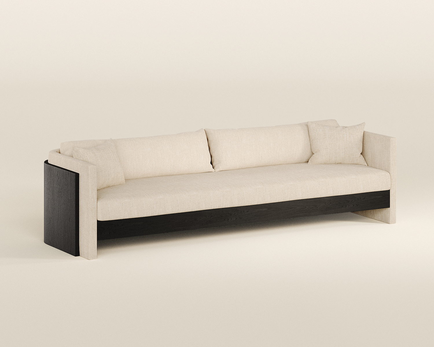 Curved white sofa with a wraparound timber back