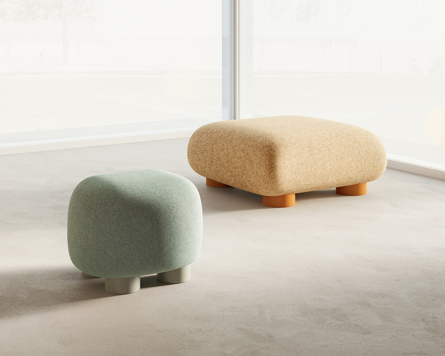 Green and brown square pouffes