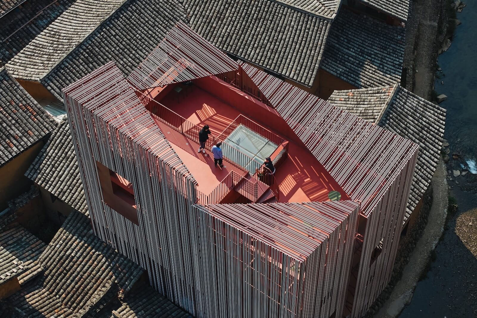 An aerial view of the rooftop of Z Museum shows how the veil is made of four sections that come together.