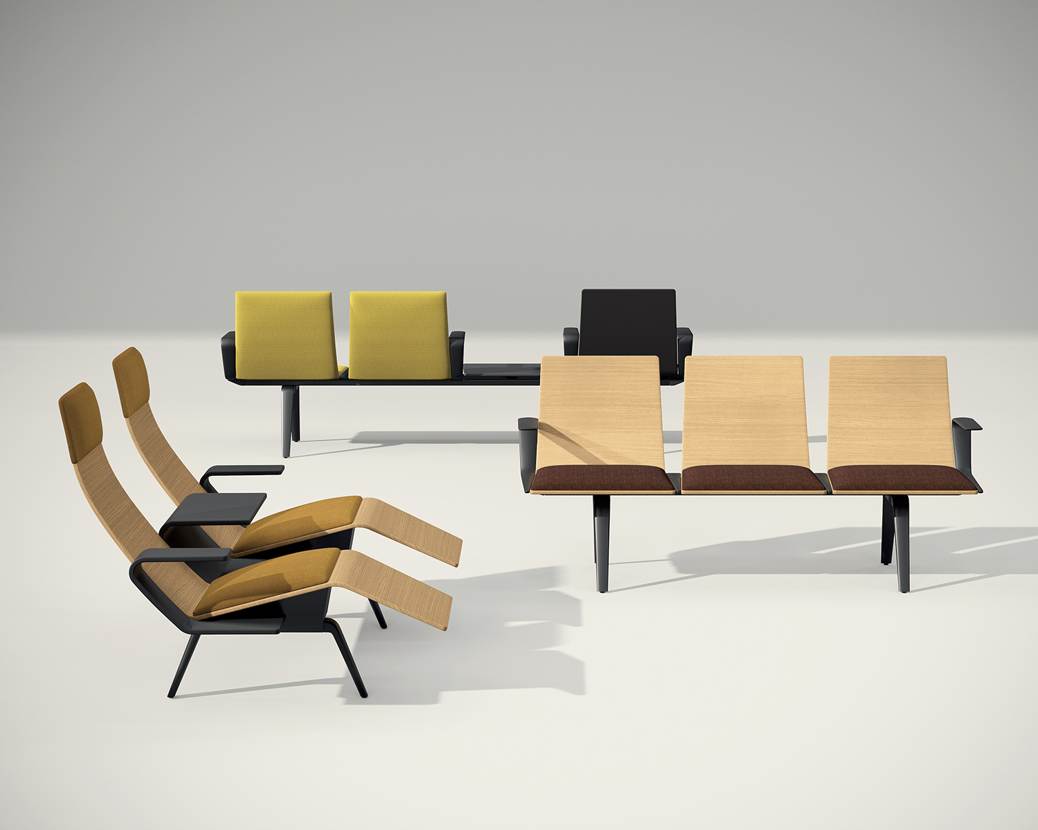 The Pausit seating system from Arper includes waiting benches and lounge benches