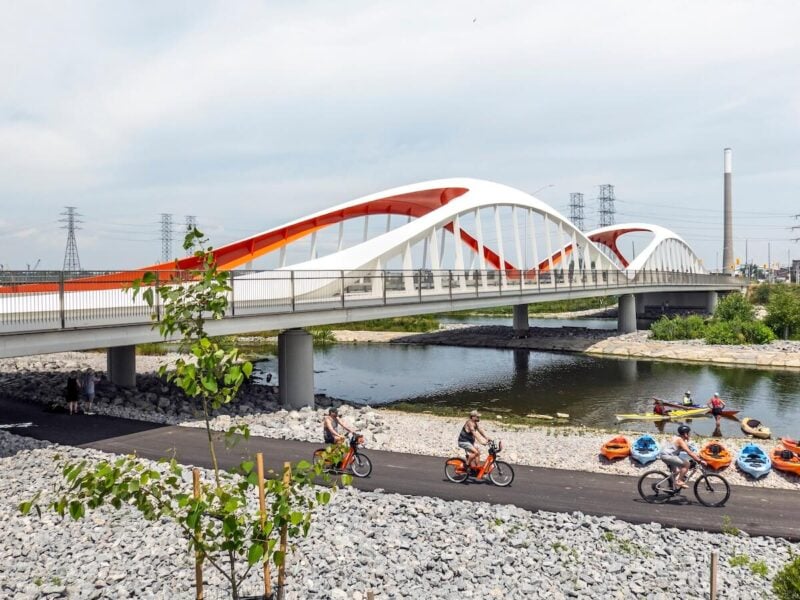 Red bridge in Toronto's new Port Lands district