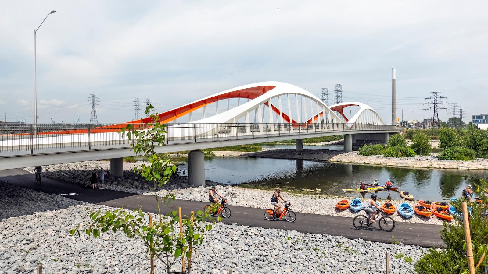 Red bridge in Toronto's new Port Lands district