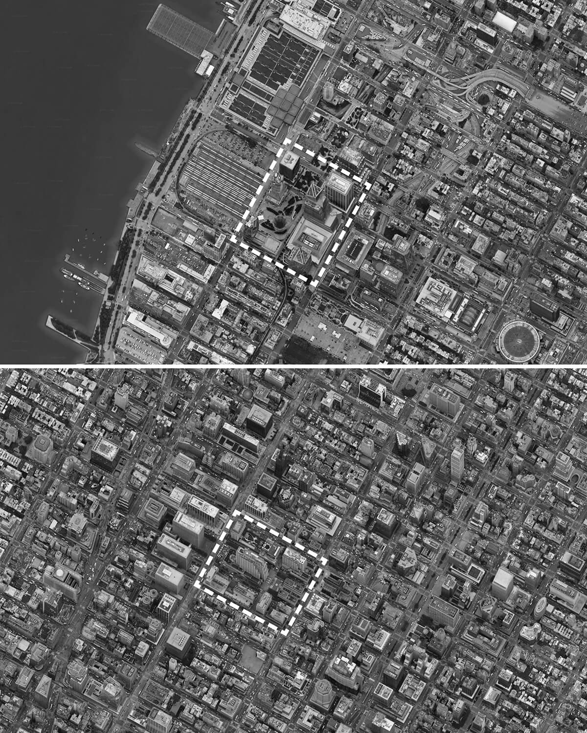 Aerial views of Hudson Yards (top) and Rockefeller Center (bottom) visualizing the relationship of each project to the Manhattan block.