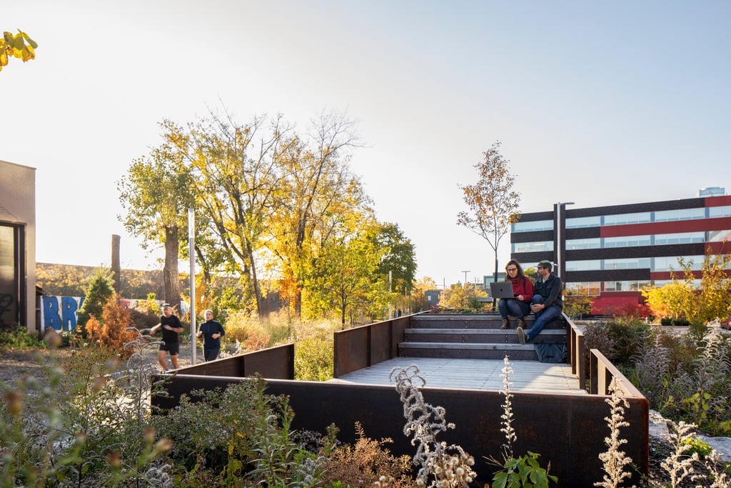 Two people sit at the top of bleach stairs inside of a steel enclosure surrounded by orange trees at Gorilla Park in Montreal.