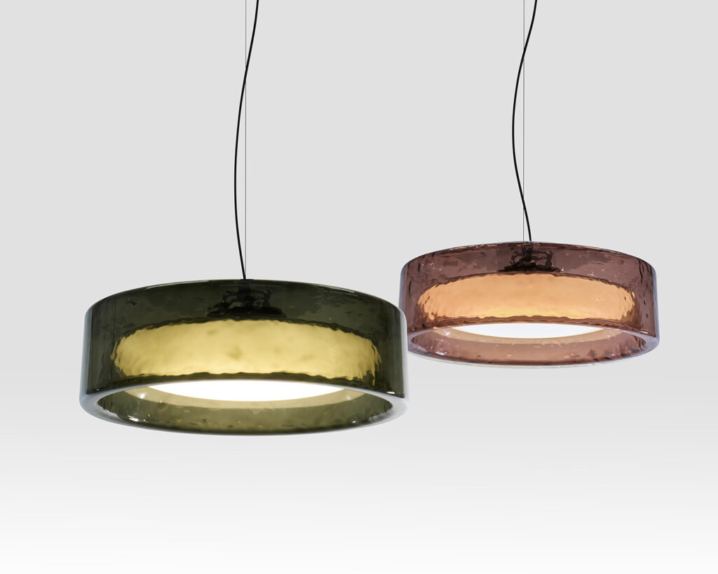 Green and purple circular pendant lights