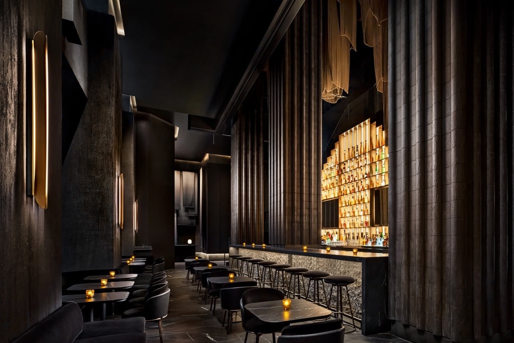 A dark bar featuring glowing shelving stocked with bottles of alcohol and a bronze metal artwork hanging from the ceiling.