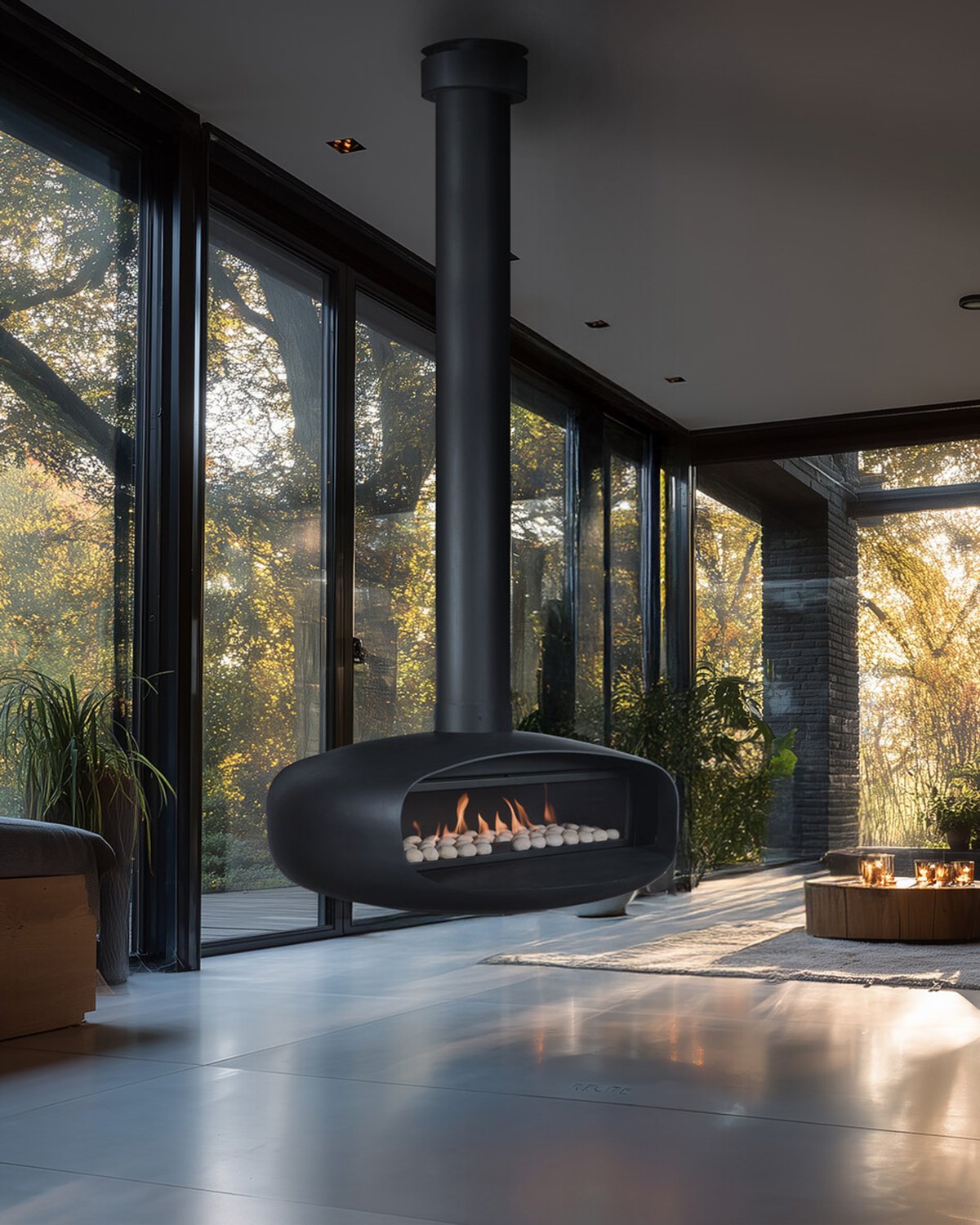 The Oval fireplace from Ortal can be installed fully suspended