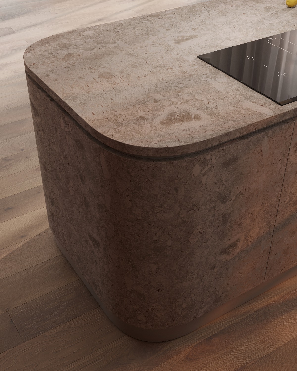 Kyoto kitchen system from Corner features a Dekton-clad island and countertop